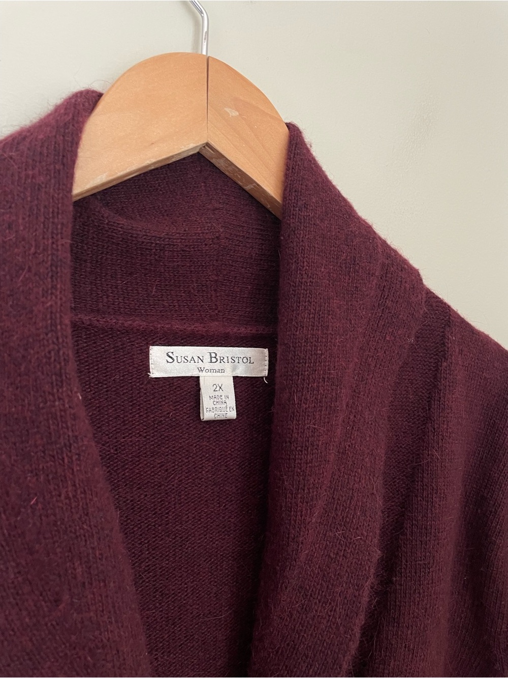 Vintage Susan Bristol Burgundy Shawl Collar Angora Wool Cardigan Sz 2X Cozy - Picture 4 of 9
